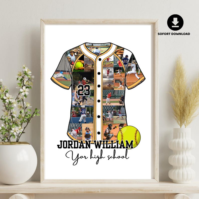 May include: A framed baseball jersey design with a collage of baseball action photos. The jersey is white, black, and gold, with the number 23. The text reads "JORDAN WILLIAM" and "Your high school". A softball is in the lower right corner.
