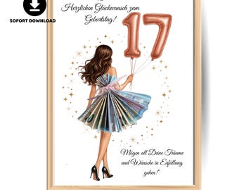 17e verjaardag contant cadeau | Creatief geldcadeau-idee | Last-minute afdrukbare pdf | A4- en A5-formaten