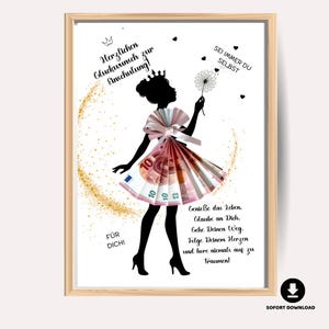May include: A framed print featuring a black silhouette of a woman in a dress made of Euro banknotes. The print includes German text, a crown, hearts, and a dandelion. The words "SEI IMMER DU SELBST" are also visible.