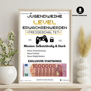 May include: A rectangular poster featuring a video game theme with the German text JUGENDWEIHE LEVEL ERWACHSENWERDEN FREIGESCHALTET, a game controller icon, a padlock, and the text Mission: Selbstständig & Stark, plus a 1,000,000 Euro banknote graphic.