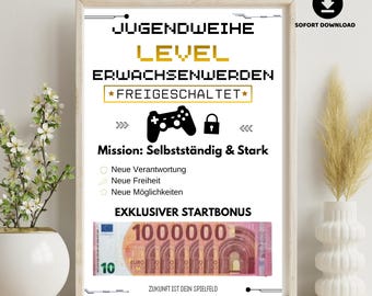 Jugendweihe money gift Gaming Poster – DIY Money Gift Template for Teen Boy Girl, Level Adulthood Unlocked Printable