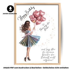 Könnte beinhalten: Gerahmter Druck mit einer Frau, die rosa herzförmige Ballons hält. Das Kleid der Frau ist aus Geld gefertigt. Die Worte "Happy Birthday" stehen über der Frau, mit zusätzlichem Text auf Deutsch.