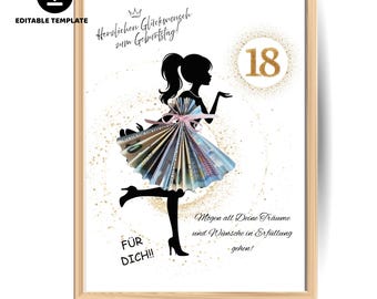 Printable Poster Money Gift 18th Birthday Girl,  Editable cash gift as folded dress for 18 years old girl pdf