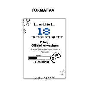 May include: A white A4 print with black text and graphics. The design includes the words "LEVEL 18 FREIGESCHALTET" and "STARTBONUS". The print measures 21.0 x 29.7 cm, approximately 8.3 x 11.7 inches.