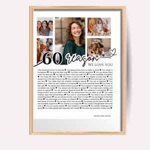 60 Reasons We Love You poster with picture , editable  60th birthday gifts for her or men, 60th anniversary gift idea for wife and her .