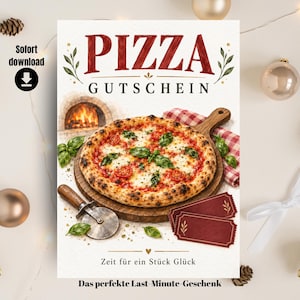 Könnte beinhalten: Ein ausdruckbarer Pizza-Gutschein mit dem Text PIZZA GUTSCHEIN, einer Aquarell-Illustration einer Pizza auf einem Holzbrett, einem Pizzaschneider und zwei leeren bordeauxroten Tickets. Das Design zeigt einen Steinofen und grüne Basilikumblätter.