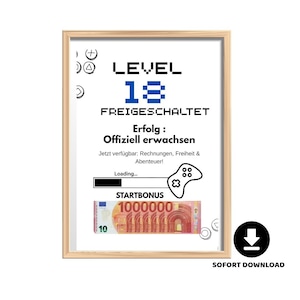 May include: Framed print with a light wood finish. The print features the text "LEVEL 18 FREIGESCHALTET" in black and blue pixelated font. Below, it reads "Erfolg: Offiziell erwachsen" with a loading bar and a controller graphic. A stack of Euro bills is at the bottom.