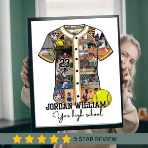 May include: A framed baseball jersey collage with the name "JORDAN-WILLIAM" and the text "Your high school". The jersey is filled with baseball action photos and a baseball. The jersey has the number 23.