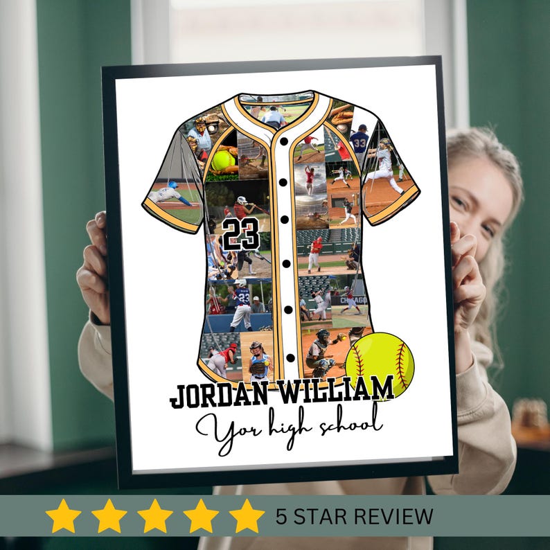 May include: A framed baseball jersey collage with the name "JORDAN-WILLIAM" and the text "Your high school". The jersey is filled with baseball action photos and a baseball. The jersey has the number 23.