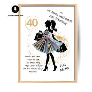 May include: A framed print featuring a silhouette of a woman holding shopping bags, with a dress made of folded paper. The print includes the number 40 in gold glitter, German text, and the words "SOFORT DOWNLOAD" in the upper left corner.