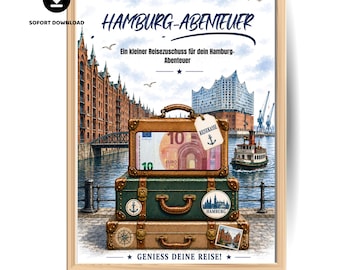 Può includere: Un poster incorniciato con una pila di tre valigie in stile vintage davanti al porto di Amburgo. La valigia superiore mostra una banconota da 10 euro e un'etichetta con scritto REISEKASSE. Testo: HAMBURG-ABENTEUER e GENIESS DEINE REISE.