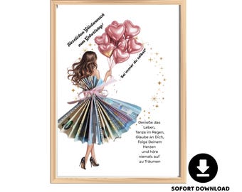 Personalized Birthday Cash Gift Voucher – Money Wrapping Gift for Girl, Daughter, Woman or Girlfriend – Instant Download PDF