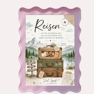 Kreatives Reisekasse Geldgeschenk mit Vintage-Koffern vor Berglandschaft, personalisierbares Reisegeld Geschenk zum Ausdrucken für Urlaub, Camping, Camper und neue Abenteuer