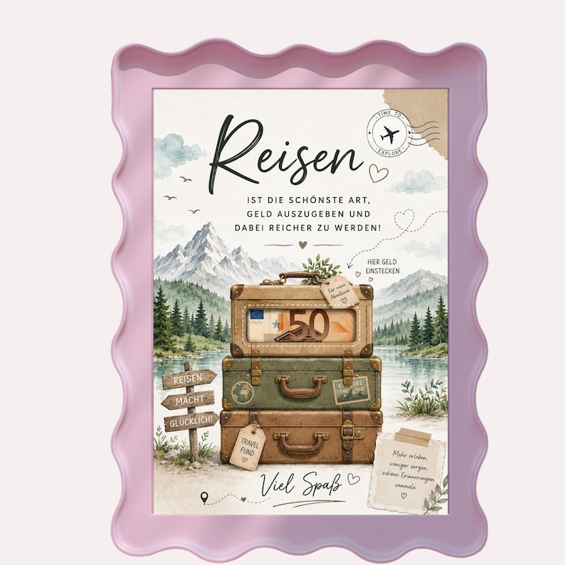 Kreatives Reisekasse Geldgeschenk mit Vintage-Koffern vor Berglandschaft, personalisierbares Reisegeld Geschenk zum Ausdrucken für Urlaub, Camping, Camper und neue Abenteuer