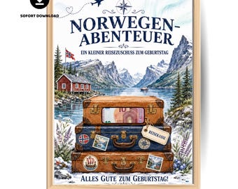 Può includere: Una stampa digitale che raffigura un paesaggio norvegese con montagne, un lago e una capanna rossa. Tre valigie vintage impilate sono in primo piano, con una banconota da dieci euro visibile in quella superiore. Il testo include NORWEGEN-ABENTEUER e ALLES GUTE ZUM GEBURTSTAG.