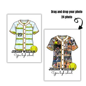 May include: Two baseball jersey designs. One features a landscape design, the other a collage of photos. Both have the number 23, a baseball, and the text "JORDAN WILLIAM Your high school".
