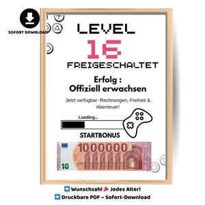 May include: A framed print with a light wood frame. The print features the text "LEVEL 16 FREIGESCHALTET" in black and pink, with a graphic of a game controller and a loading bar. A Euro bill is at the bottom.