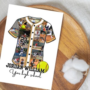 May include: A white print featuring a baseball jersey design with a collage of photos. The jersey has the number 23 and the name "JORDAN WILLIAM" with the text "Your high school" below it. A yellow softball is also included.