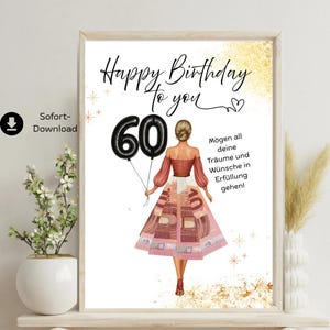 Geldgeschenk zum 60. Geburtstag – Kreative DIY Geldidee für Frauen mit Ballons – Last-Minute-Geschenk  – Druckbare PDF zum Sofort-Download