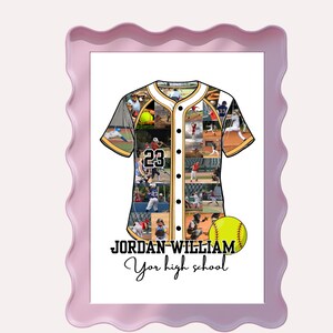 May include: A framed baseball jersey collage with the number 23, featuring photos of baseball players. The jersey is yellow, black, and white. The text reads "JORDAN WILLIAM" and "Your high school". A yellow baseball is also included.