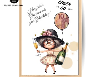 Op de afbeelding: Een ingelijste print met een cartoon illustratie van een vrouw die haar 60e verjaardag viert. Ze houdt een champagneglas en een fles vast, met een ballon in de vorm van een 10 euro biljet. De tekst luidt "Cheer to 60 Year" en "Herzlichen Glückwunsch zum Geburtstag!"
