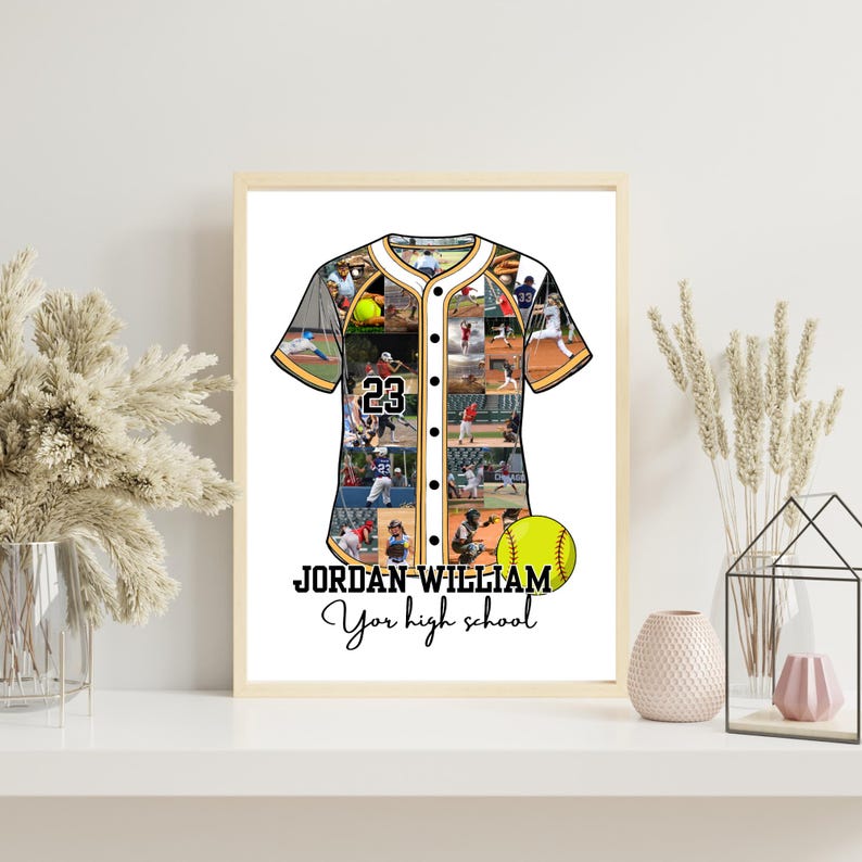 May include: A framed baseball jersey collage with the name "JORDAN WILLIAM" and the text "Your high school". The jersey is white, black, and gold, with the number 23. A yellow baseball is also featured.