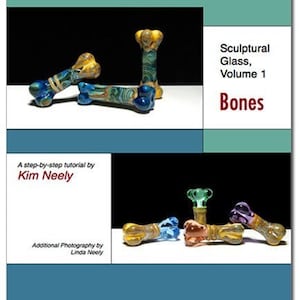 Pode incluir: Uma capa de livro para um tutorial de arte em vidro intitulado "Sculptural Glass, Volume 1: Bones" de Kim Neely. A capa apresenta esculturas de ossos de vidro coloridos.