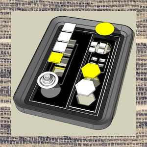 May include: A black control panel with a variety of buttons and switches. The panel has a yellow circle in the top right corner and a white circle in the center.