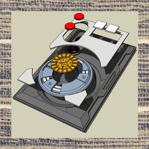 Può includere: Un dispositivo smontato, composto da più parti, grigio, nero e bianco con un pezzo centrale dorato. Il dispositivo ha due pulsanti rossi e due pulsanti rettangolari bianchi.