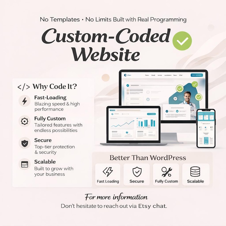 May include: An advertisement for custom-coded websites, showing a desktop computer, laptop, and smartphone displaying website designs. Text includes "Custom-Coded Website," "Fast-Loading," "Secure," and "Scalable." The image promotes features and benefits.