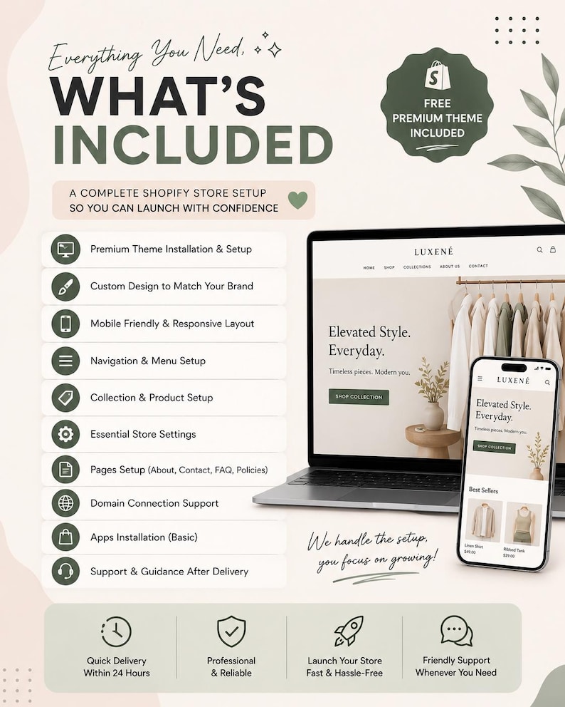 May include: A digital infographic titled WHAT'S INCLUDED detailing a Shopify store setup service. It lists features like theme installation, custom design, and mobile responsiveness, alongside a laptop and smartphone displaying a clothing website.
