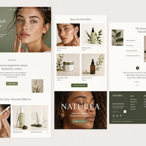 May include: A website layout for Natur&eacute;a skincare featuring product photography of face creams, serums, and toners alongside portraits of individuals. The interface includes navigation menus, text headers like Nature's Touch Real Results Every Day, and buttons for shopping the collection.