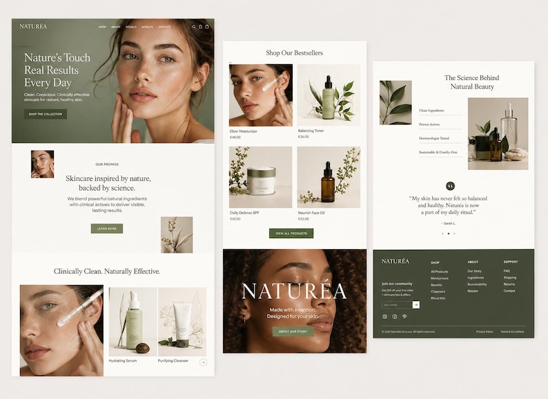 May include: A website layout for Natur&eacute;a skincare featuring product photography of face creams, serums, and toners alongside portraits of individuals. The interface includes navigation menus, text headers like Nature's Touch Real Results Every Day, and buttons for shopping the collection.