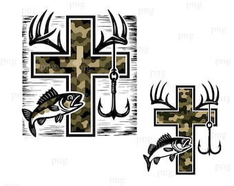 Faith Fishing Hunting png, Camo Cross With Hook png, Antlers and Bass Graphic Digital, Outdoor Southern, Christian Statement png