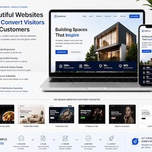 May include: A digital marketing display showing a laptop and smartphone screen with the BuildHub website interface. The design features text about responsive websites, construction services, and a five-step process for web development projects.