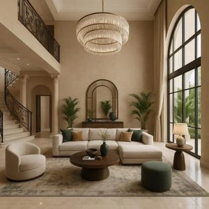 May include: A living room featuring a large beige sectional sofa with a chaise, a round dark wood coffee table, a curved beige armchair, and a green ottoman. A tiered crystal chandelier hangs above, with a tall arched window and potted plants.