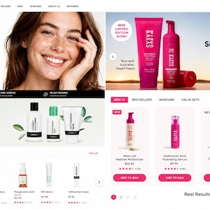 May include: A screenshot of The Inkey List e-commerce website featuring a banner with two pink self-tan products, a giveaway section, and a grid of skincare items including moisturizers, serums, and face masks with product names and prices.