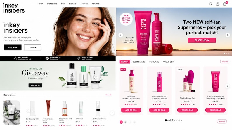 May include: A screenshot of The Inkey List e-commerce website featuring a banner with two pink self-tan products, a giveaway section, and a grid of skincare items including moisturizers, serums, and face masks with product names and prices.