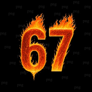 Può includere: Immagine infuocata del numero 67, resa in tonalità arancioni e rosse, con fiamme che lambiscono le cifre. I numeri sembrano bruciare su uno sfondo nero pieno, creando un effetto visivo drammatico.