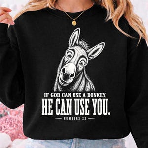 May include: A black long-sleeve sweatshirt featuring a white graphic illustration of a donkey's face. Below the donkey, the text reads: IF GOD CAN USE A DONKEY, HE CAN USE YOU. NUMBERS 22. The design is centered on the front of the garment.