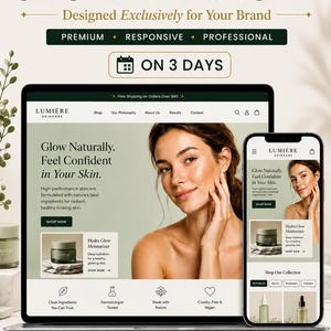 Puede incluir: Una visualización digital de un sitio web de Shopify personalizado para Lumière Skincare en una computadora portátil y un teléfono inteligente. La pantalla muestra la página de inicio de una marca de cuidado de la piel con texto, imágenes de productos y menús de navegación. El diseño incluye características premium, responsivas y profesionales con un tiempo de entrega de tres días.