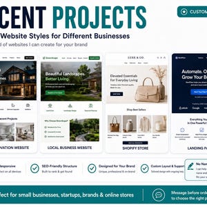 May include: A digital display showcasing four website design templates labeled Recent Projects, including a home renovation site, a landscaping business site, a Shopify store, and a landing page, with additional text detailing design services.