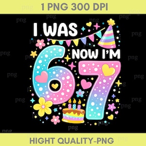 Może przedstawiać: Kolorowa grafika na czarnym tle z napisem "I WAS 66, NOW I'M 67". Projekt zawiera tort urodzinowy, czapeczkę imprezową, serca i gwiazdki. Cyfry są w gradientach niebieskiego, r&oacute;żowego i fioletowego.