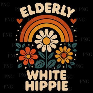 Elderly White Hippie PNG, Retro Rainbow Groovy Flowers Digital Download, 70s Boho Sublimation Design for Shirts