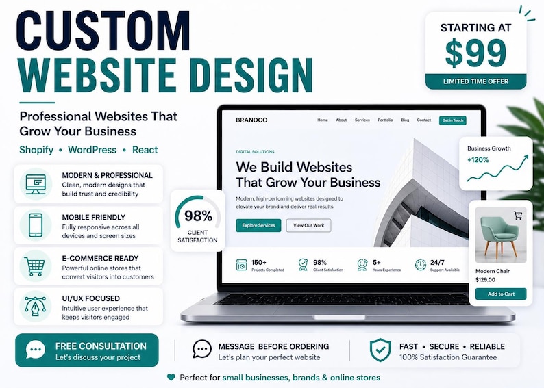 May include: A digital advertisement for custom website design services featuring a laptop displaying a business website. The graphic includes text such as Custom Website Design, Shopify, WordPress, React, 98% Client Satisfaction, and various service icons.