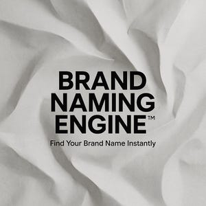 Pode incluir: A imagem apresenta o texto "BRAND NAMING ENGINE" em negrito preto, com "Find Your Brand Name Instantly" abaixo. O fundo é um tecido branco texturizado com sombras suaves.