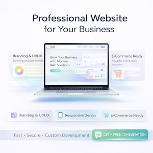 Könnte beinhalten: Ein silberner Laptop, der ein Website-Design mit dem Text "Professional Website for Your Business" anzeigt. Das Bild hebt Funktionen wie Branding & UI/UX, Responsive Design und E-Commerce Ready hervor. Der Aufruf zur Aktion lautet "GET A FREE CONSULTATION."