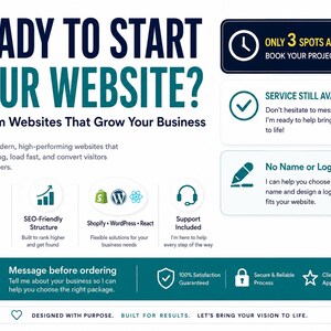 May include: A promotional graphic for custom website design services. The text reads: READY TO START YOUR WEBSITE? Custom Websites That Grow Your Business. It lists features like mobile responsive, SEO-friendly, Shopify, WordPress, React, and support.