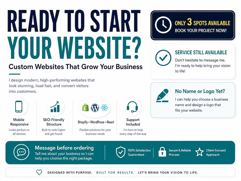 May include: A promotional graphic for custom website design services. The text reads: READY TO START YOUR WEBSITE? Custom Websites That Grow Your Business. It lists features like mobile responsive, SEO-friendly, Shopify, WordPress, React, and support.