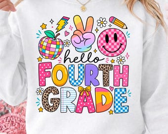 Hello Fourth Grade PNG, Back To School Design, First Day of Fourth Grade Teacher Student Digital Download